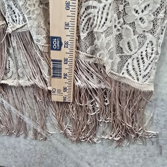 Three-Quarter Sleeve Beige Lace Kimono Duster With Fringe Large - Picture 5 of 6